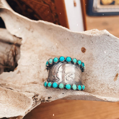 Engraved Wide Band Western Turquoise Ring For Women