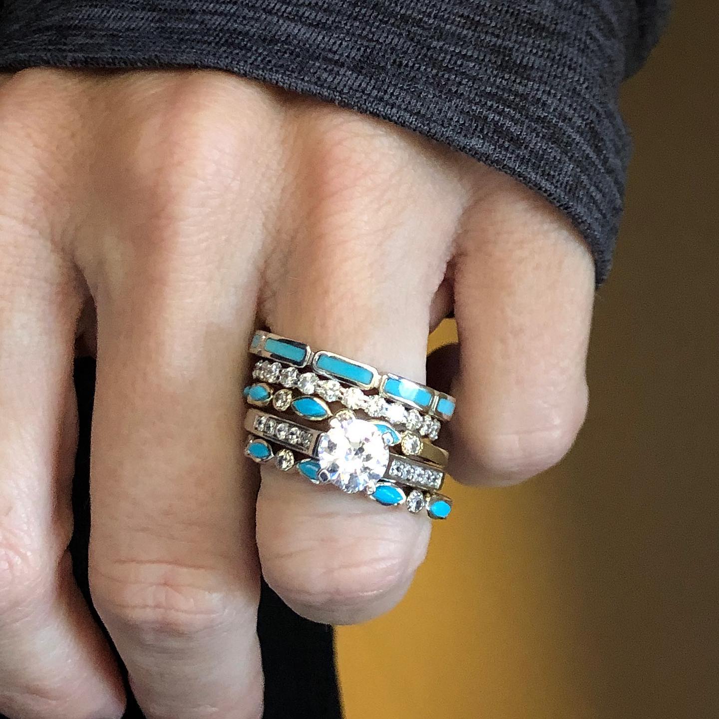 4pc Sterling Silver Band Vintage Turquoise Engagement Ring Sets