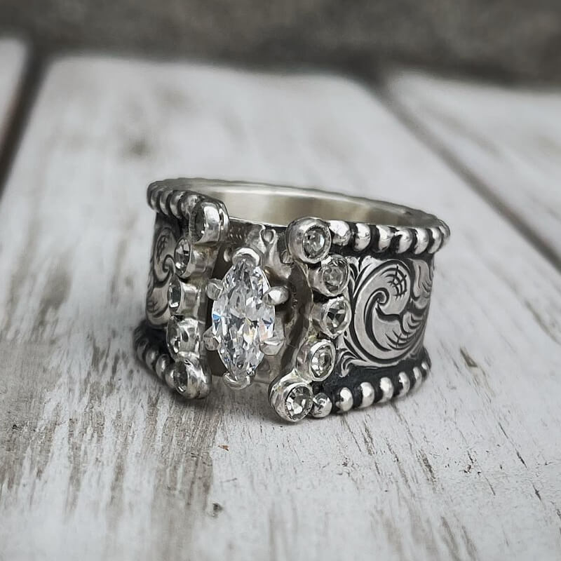 Women Engraved Wide Band Marquise Diamond Western Engagement Ring