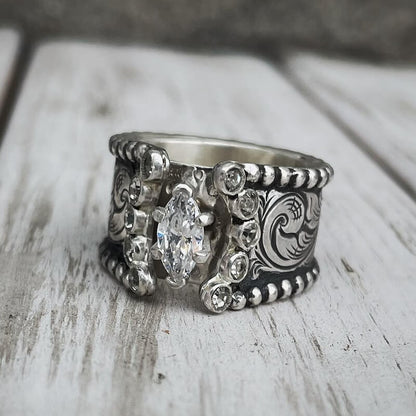 Women Engraved Wide Band Marquise Diamond Western Engagement Ring