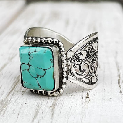 Flower Wave Band Rectangle Womens Turquoise Rings