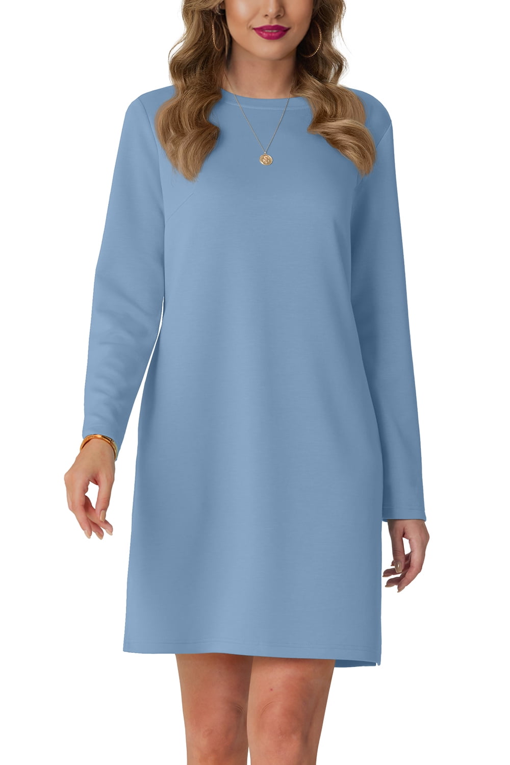 Women Casual Long Sleeve Dress Trendy Fall Fashion Cozy Travel Airport Outfits Haze Blue XL