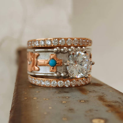 3pc Rose Gold Cross Flower Western Promise Rings