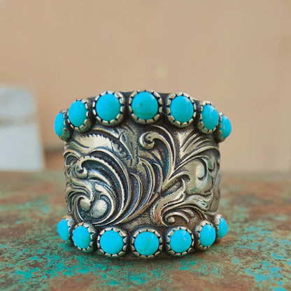 Western Engraved Symbol Square Cut Turquoise Ring
