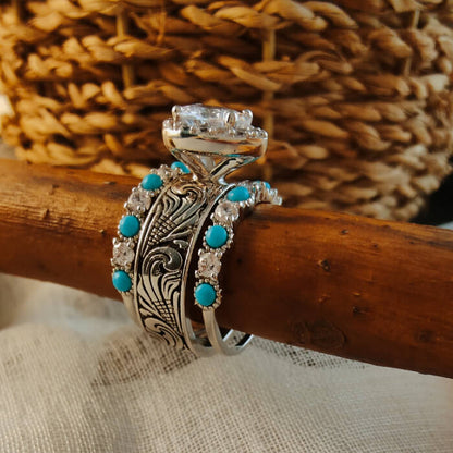 3pc Sterling Silver Pear Vintage Western Wedding Rings with Turquoise
