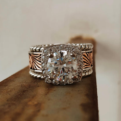 Engraved Round Diamond Rose Gold  Western Wedding Ring Sets