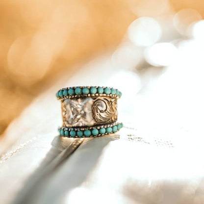 Turquoise Wedding Ring Flower Engraved Band Rings