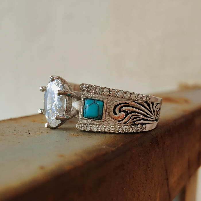 Western Symbol Oval Diamond Wide Band Engagement Rings with Turquoise