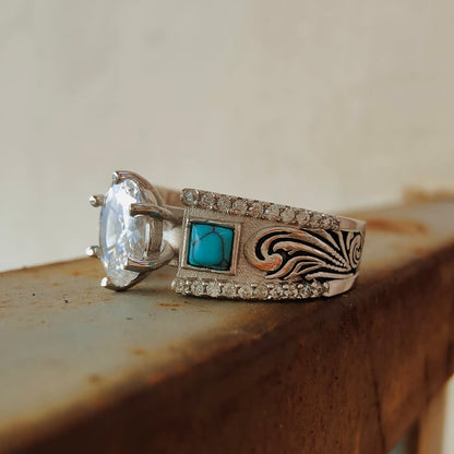 Western Symbol Oval Diamond Wide Band Engagement Rings with Turquoise