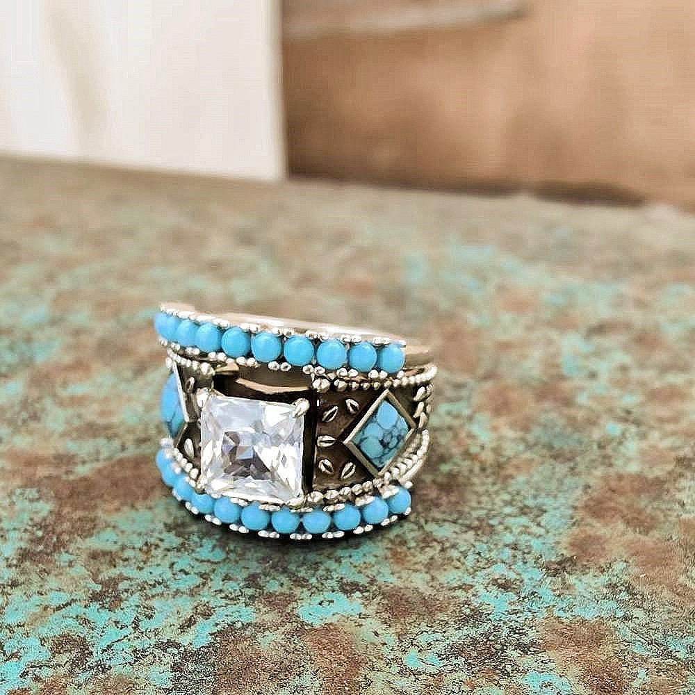 3pc Sterling Silver Turquoise Western Diamond Ring Set