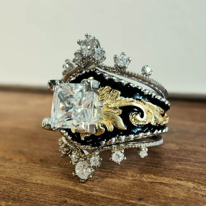 Princess Cut Vintage Engagement Ring – Gothic Crown Gold and Silver Band