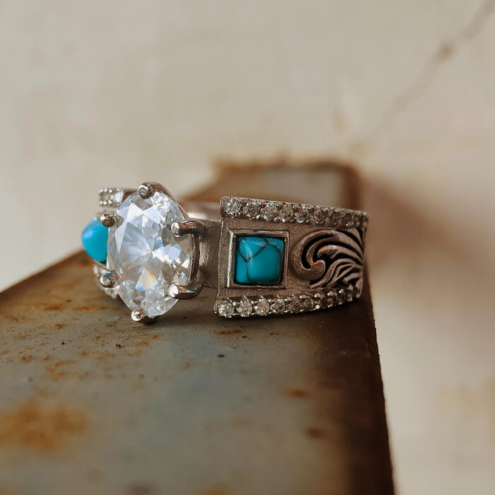 Western Symbol Oval Diamond Wide Band Engagement Rings with Turquoise