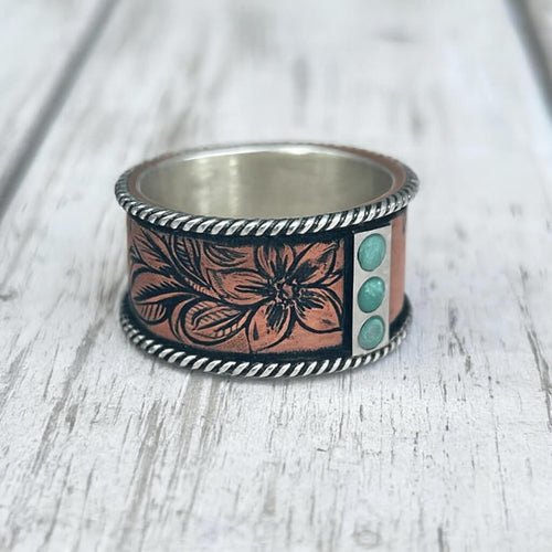 10mm Women Rose Gold Turquoise Band Flower Western Rings