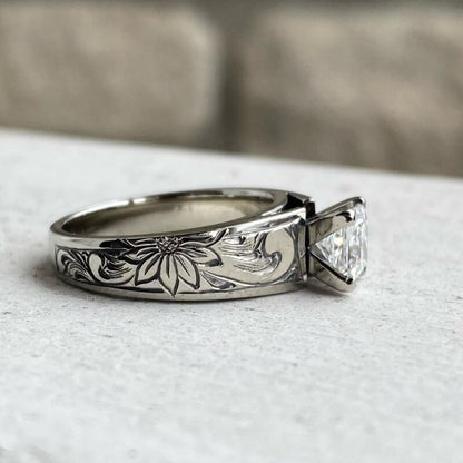Women Flower Engraved Square Diamond Western Engagement Ring