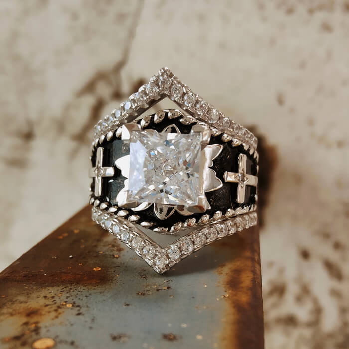Western Cross Ring with Square Cut Stone – Vintage Gothic Cowboy Jewelry
