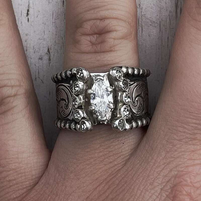 Women Engraved Wide Band Marquise Diamond Western Engagement Ring