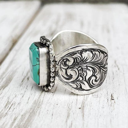 Flower Wave Band Rectangle Womens Turquoise Rings