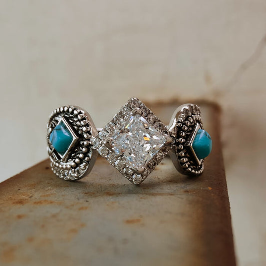 Flower Engraved Princess Cut Western Turquoise Engagement Ring