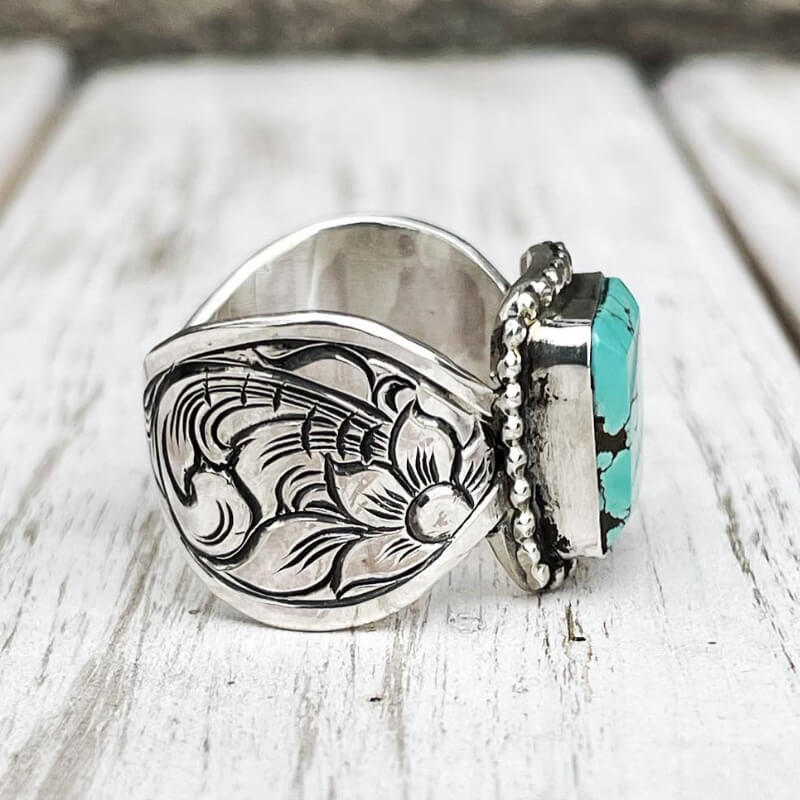 Flower Wave Band Rectangle Womens Turquoise Rings