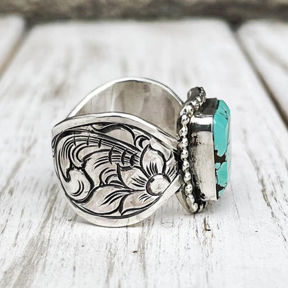 Flower Wave Band Rectangle Womens Turquoise Rings