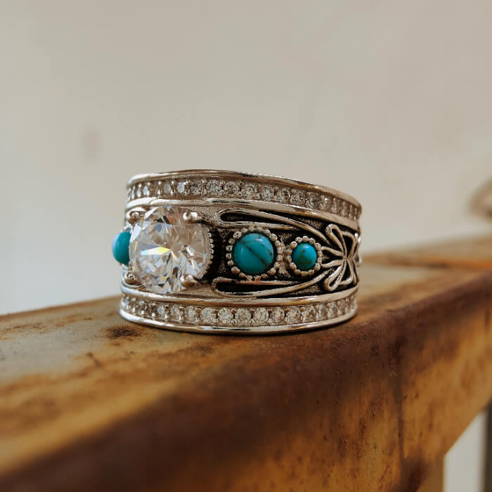 Western Plant Engraved Round Turquoise Engagement Rings