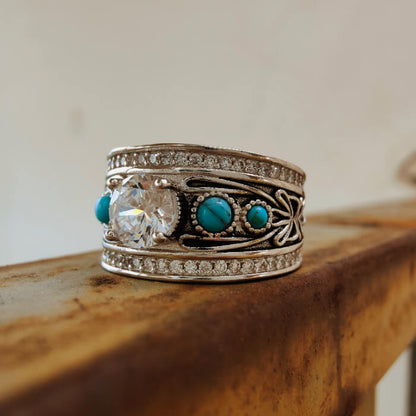 Western Plant Engraved Round Turquoise Engagement Rings