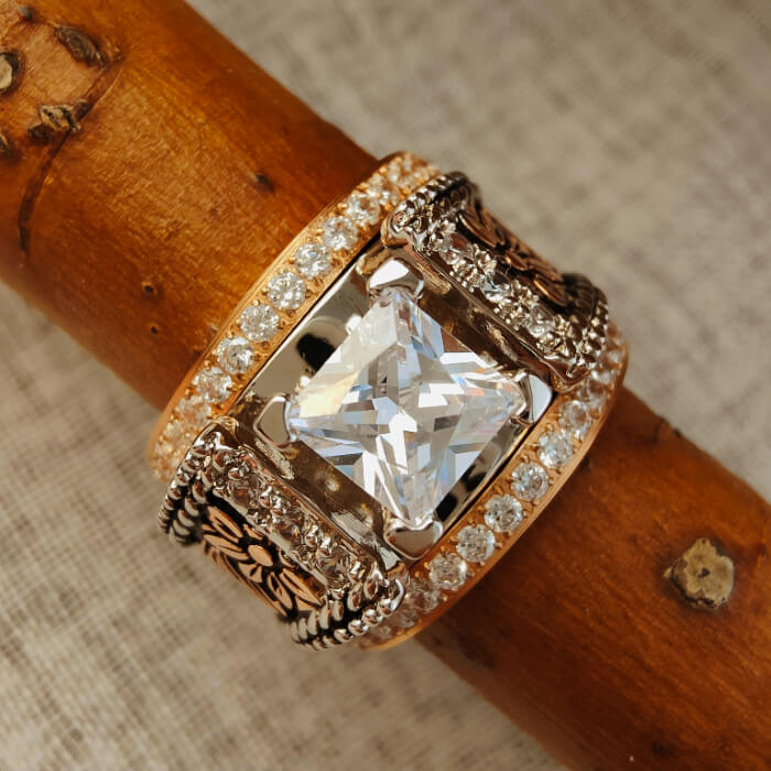 3pc Rose Gold Flower Square Diamond Western Promise Rings