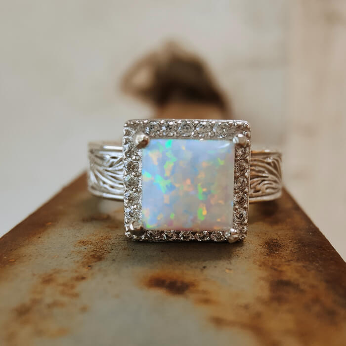 Western Square Blue Opal Diamond Engagement Rings