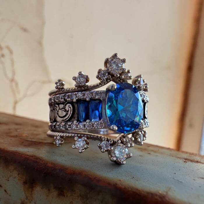 3pc Flower Oval Sapphire Engravable Country Style Wedding Rings