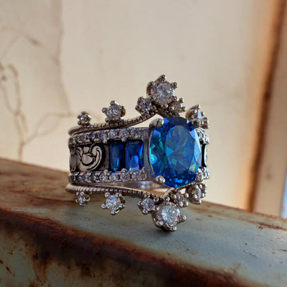 3pc Flower Oval Sapphire Engravable Country Style Wedding Rings