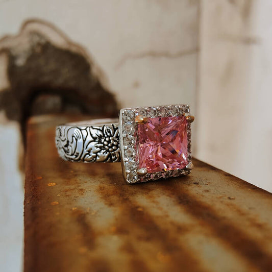 Women Flower Pink Princess Cut Western Promise Rings