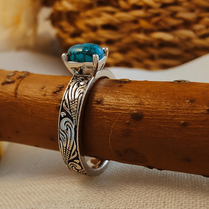 Flower Engraved Oval Nature Turquoise Western Ring