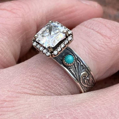 Western Radiant Cut Diamond Turquoise Engagement Ring