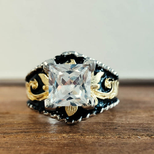 Vintage Square Cut Western Ring – Gold Leaf Engraved Black Enamel Statement Ring