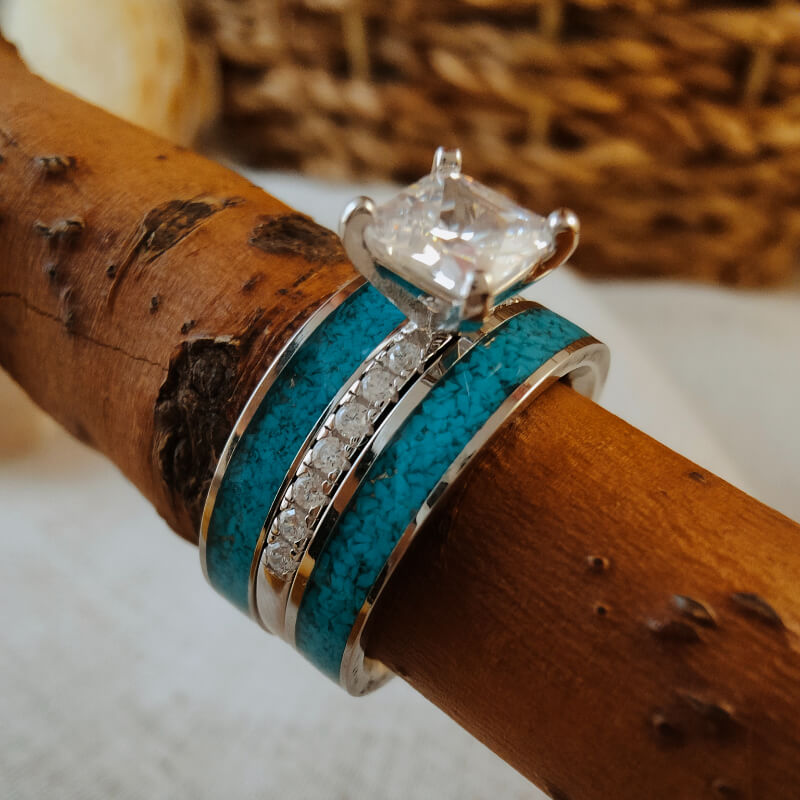 3pc Sterling Silver Square Moissanite Turquoise Engagement Ring Set