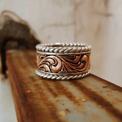 3pc Rose Gold Western Engraved Wedding Bands