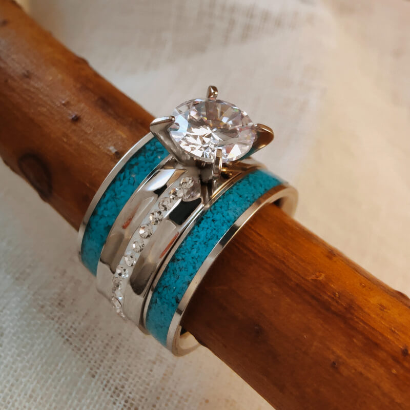 3pc Women Steel Turquoise Diamond Ring Set