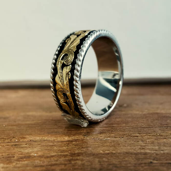 Western Gold Leaf Band Ring – Vintage Black Enamel Engraved Silver Ring
