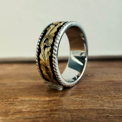 Western Gold Leaf Band Ring – Vintage Black Enamel Engraved Silver Ring