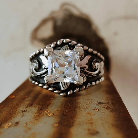 Women Rope Edge Flower Princess Cut Western Style Wedding Rings