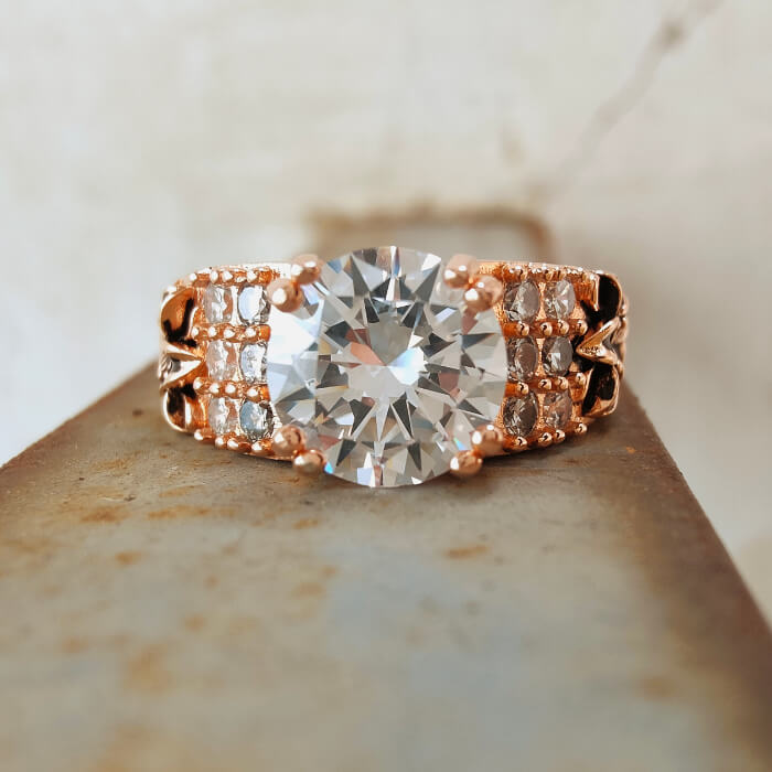 Lily Flower Engraved Round Cut Western Rose Gold  Engagement Ring