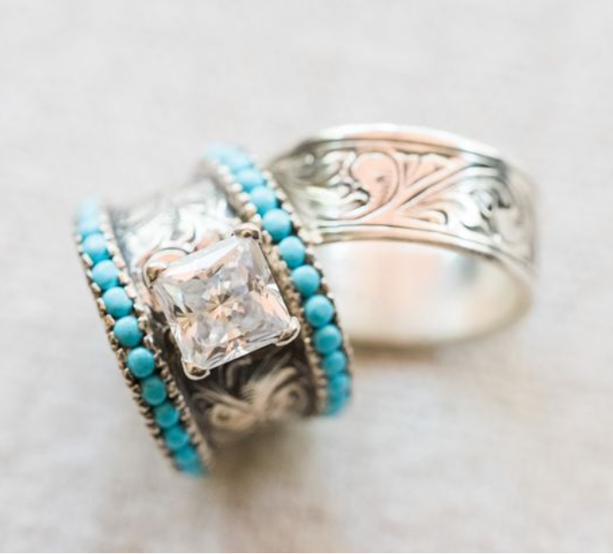 Turquoise Wedding Ring Flower Engraved Band Rings