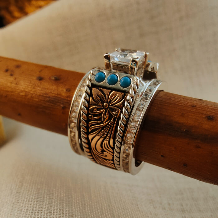 3pc Sterling Silver Western Turquoise and Diamond Ring