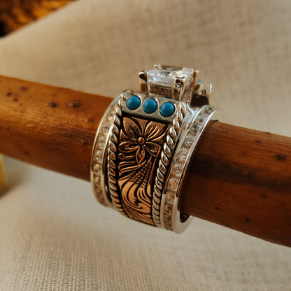 3pc Sterling Silver Western Turquoise and Diamond Ring