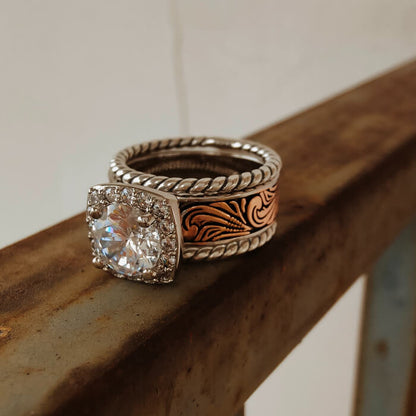 Engraved Round Diamond Rose Gold  Western Wedding Ring Sets