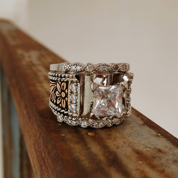 3pc Rose Gold Vintage Flower Western Engagement Ring for her