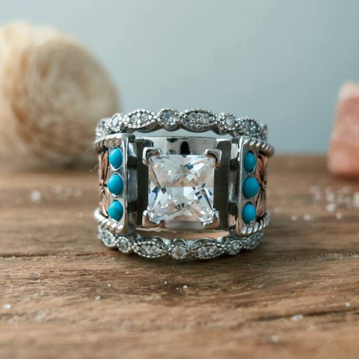 3pc Rose Gold Vintage Turquoise Western Engagement Ring