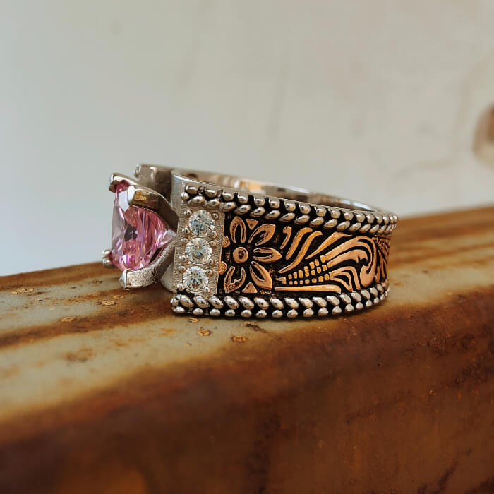 Women Rope Edge Flower Pink Princess Cut Western Style Wedding Rings