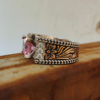 Women Rope Edge Flower Pink Princess Cut Western Style Wedding Rings