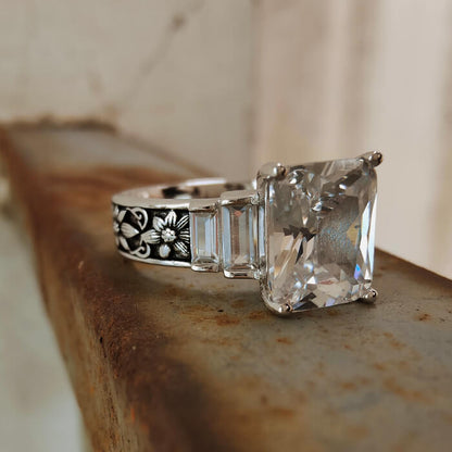 Daisy Flower Engraved Emerald Cut Western Engagement Ring